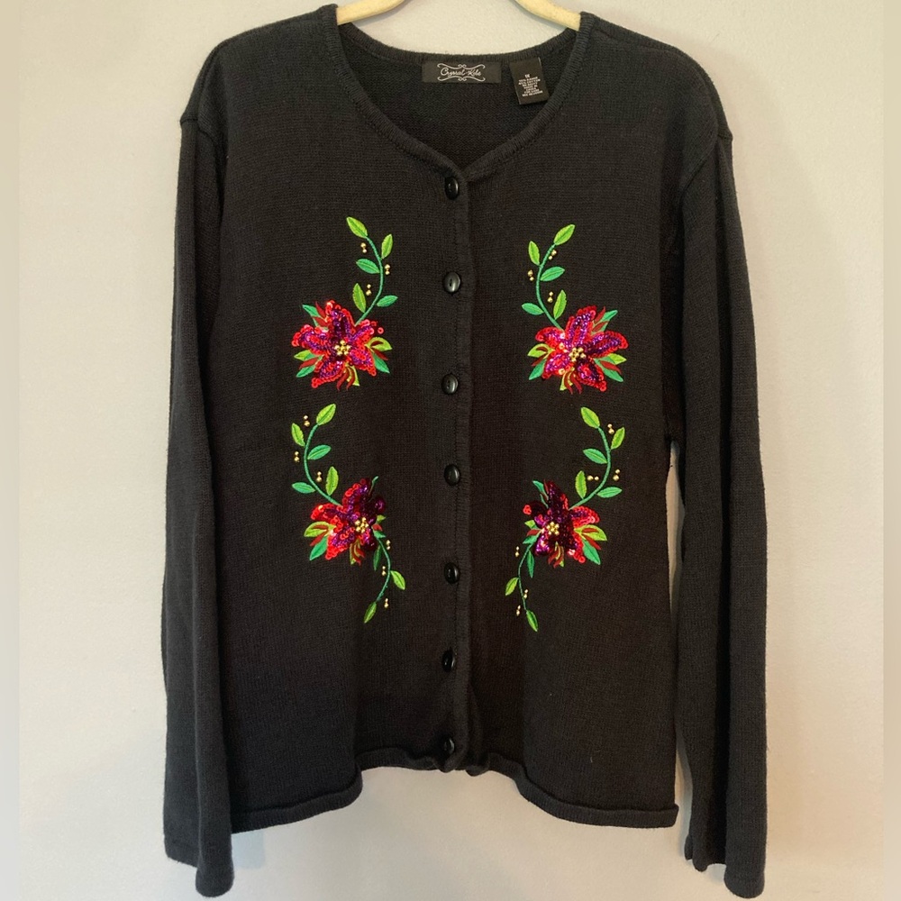 VTG Poinsettias Crystal Kobe sequin poinsettias Christmas cardigan sz 1X